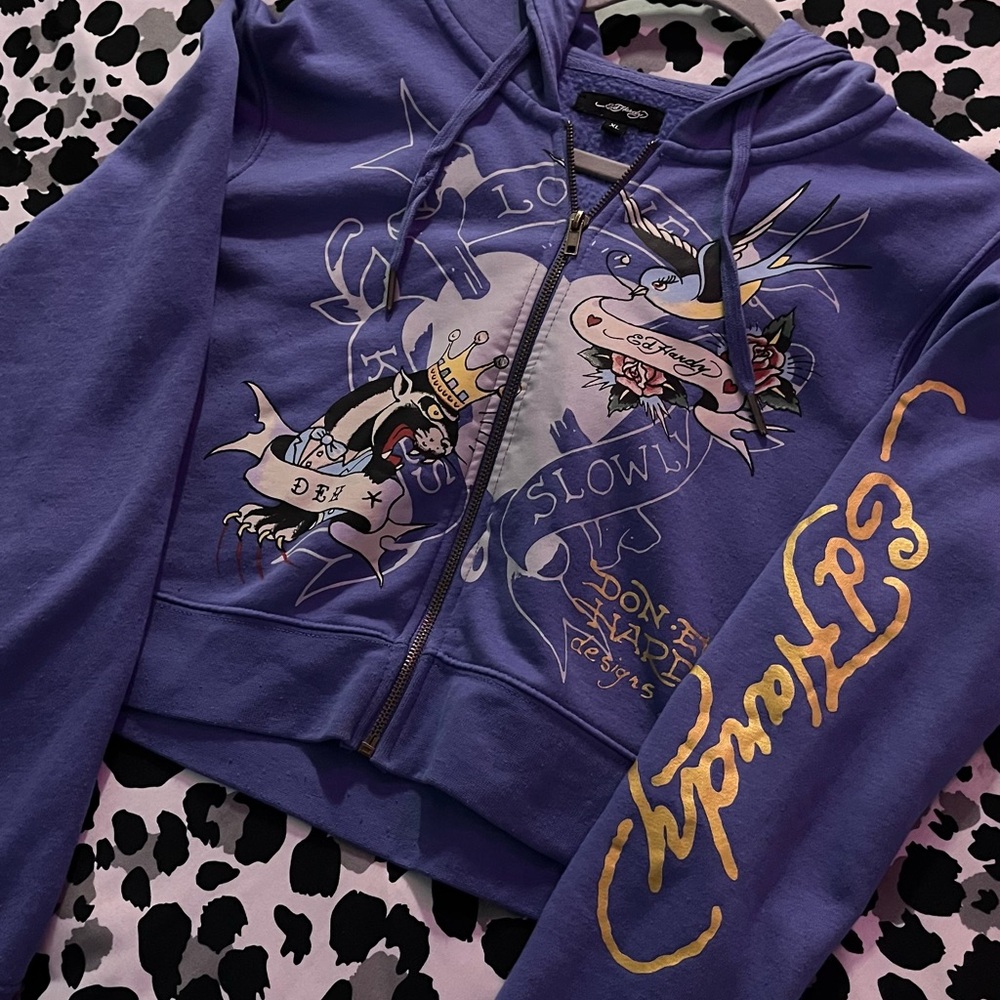 Ed Hardy Blue Hoodie with Gold Graphic